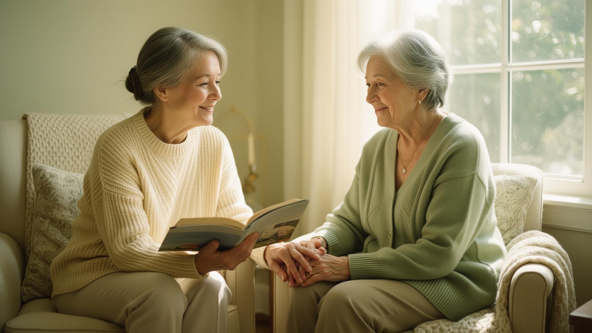 A companion reading together with an older woman in a sunlit room