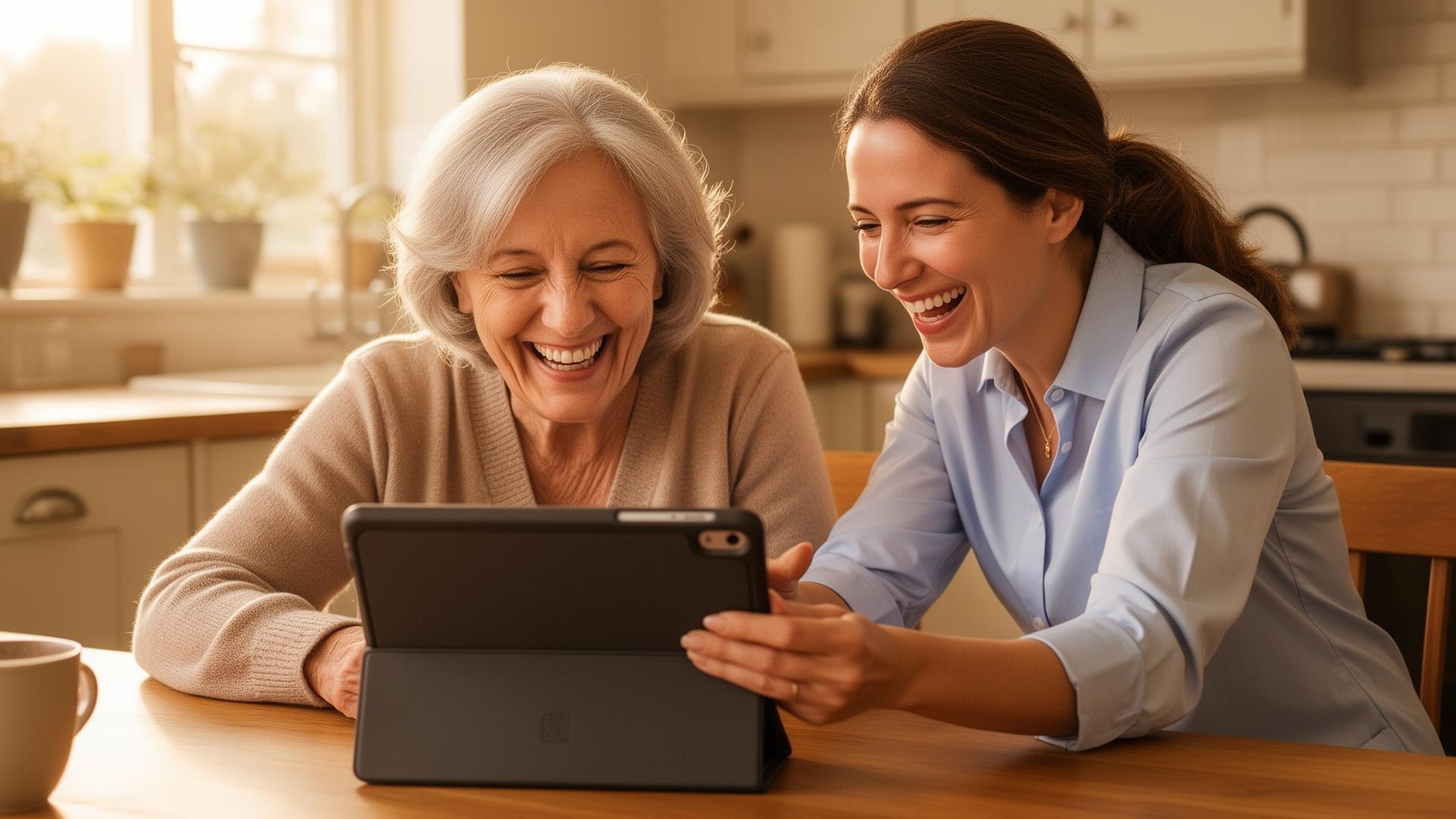 An older woman on a video call with her daughter, helped by her companion
