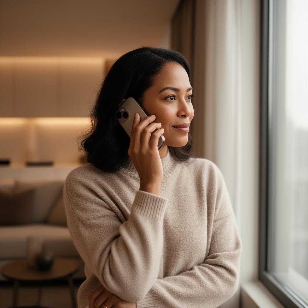 An adult daughter on a reassuring phone call