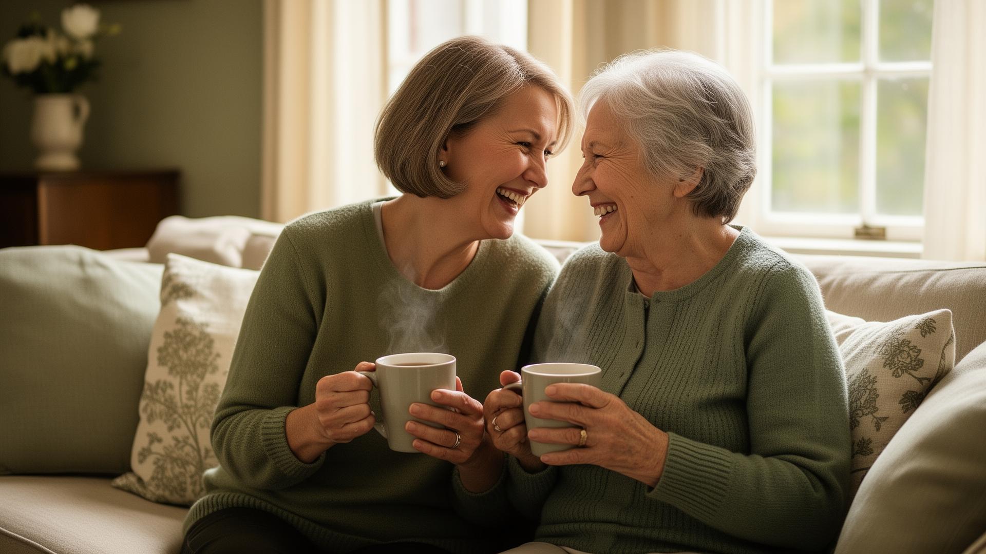 A companion caregiver and older woman laughing together over tea in a sunlit living room