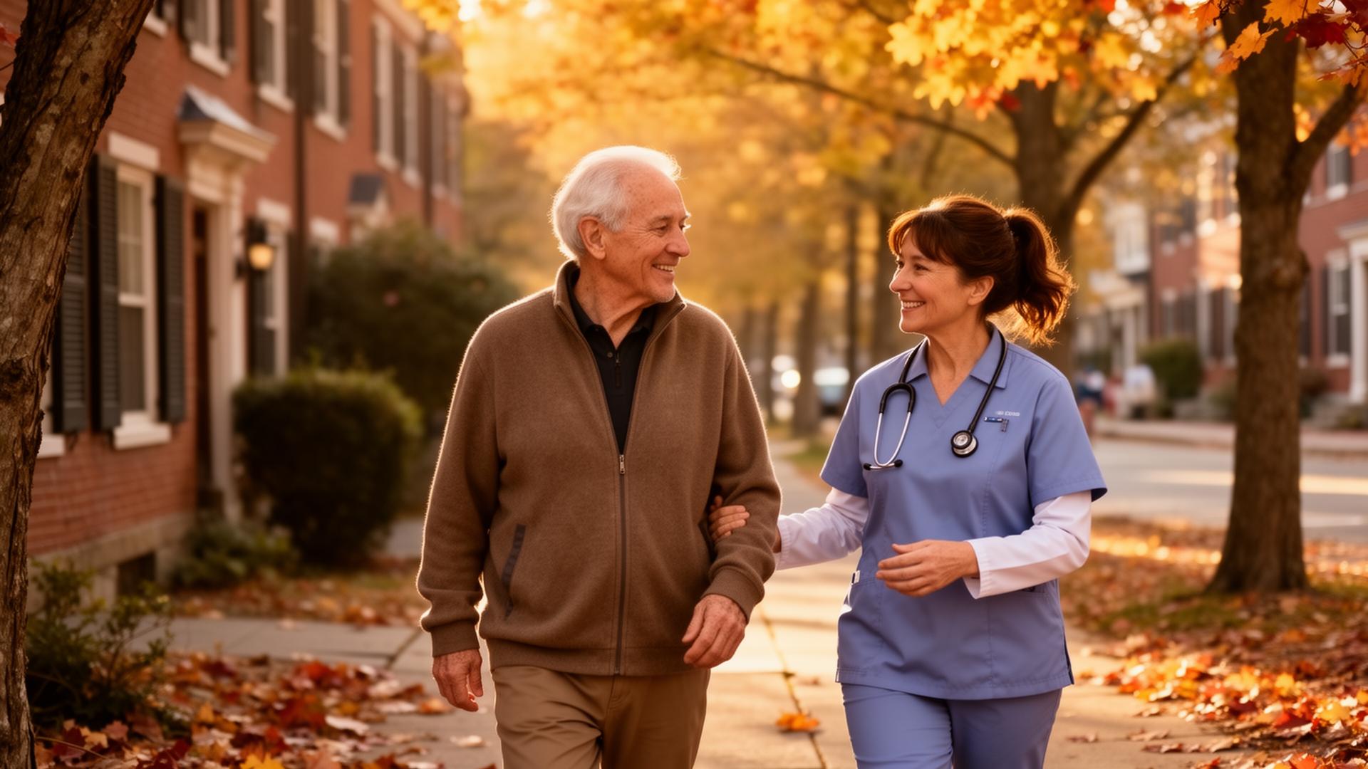 A companion and an older man walking together on a tree-lined Connecticut street